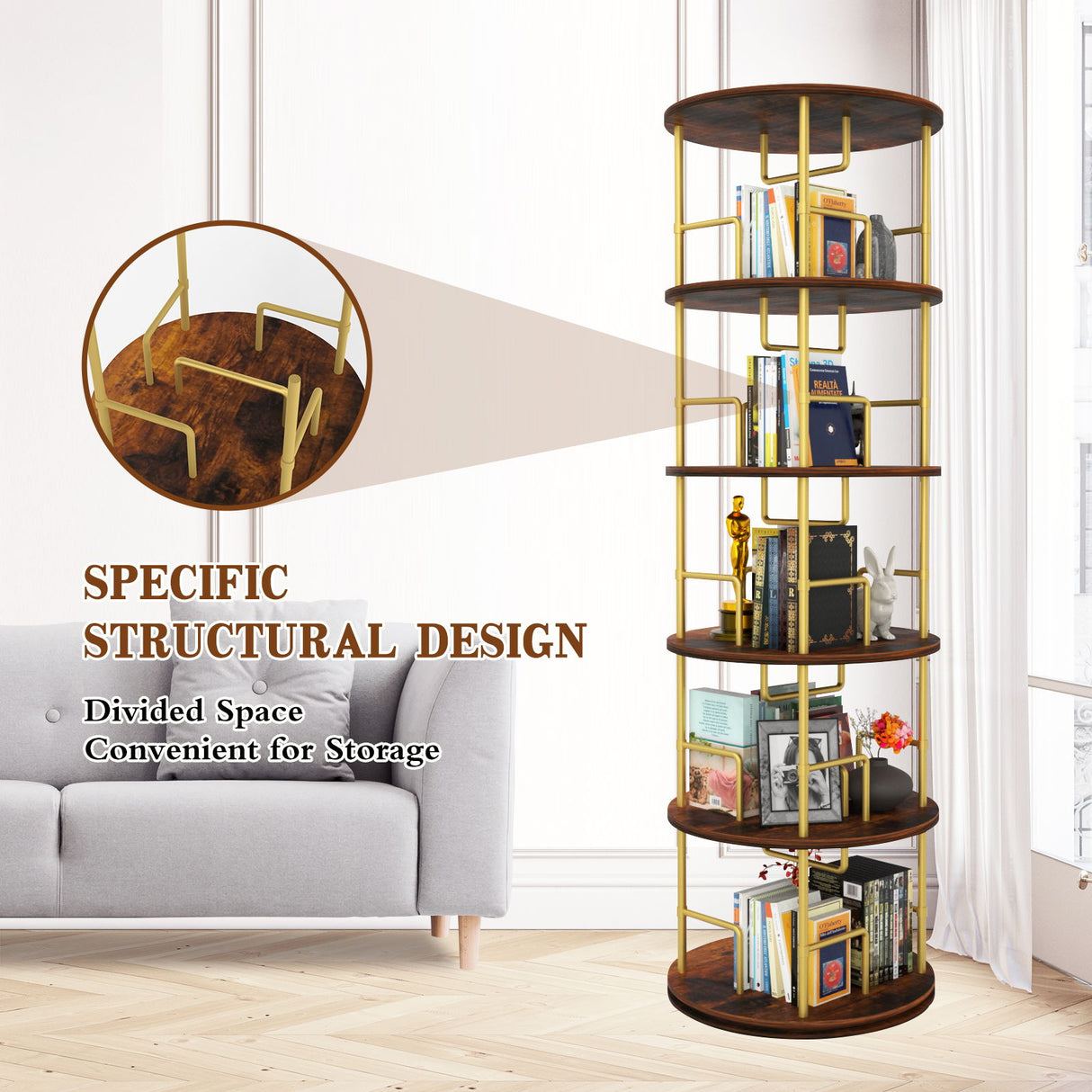 5 Tier 360 Rotating Bookshelf, Display Round Floor Standing Swivel Bookcase For Bedroom - Golden