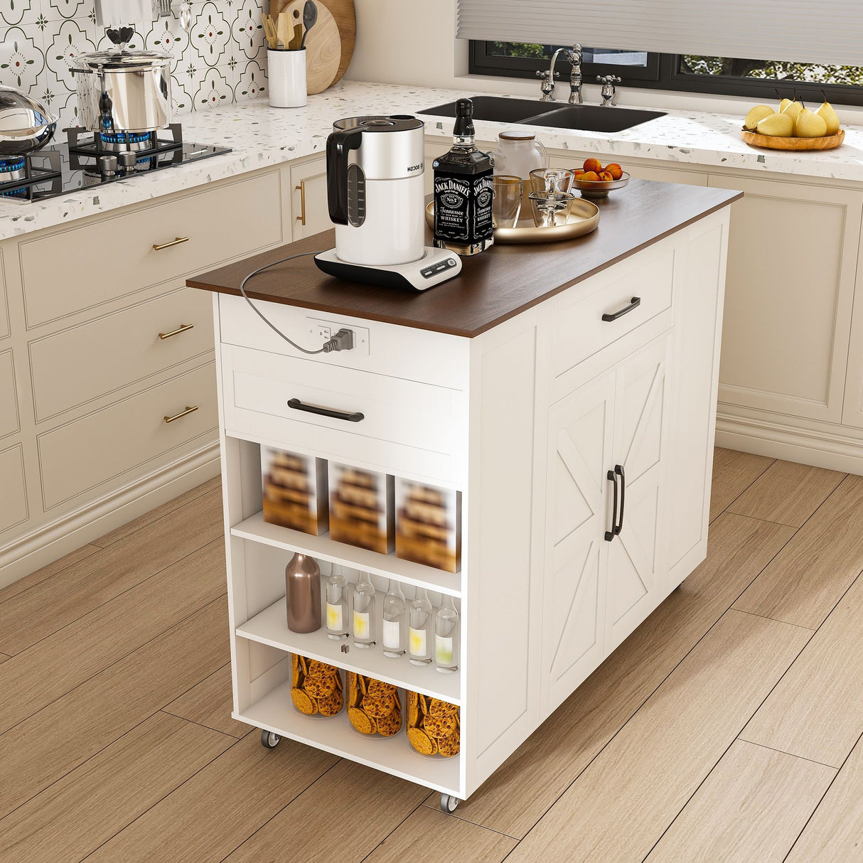 Rustic Movable Kitchen Island On Wheels With Storage & Power Outlet - White