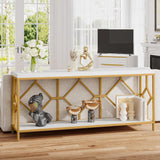 Extra Long Sofa Table With Diamond Pattern Frame, 2 Tier Open Storage For Living Room - White / Gold