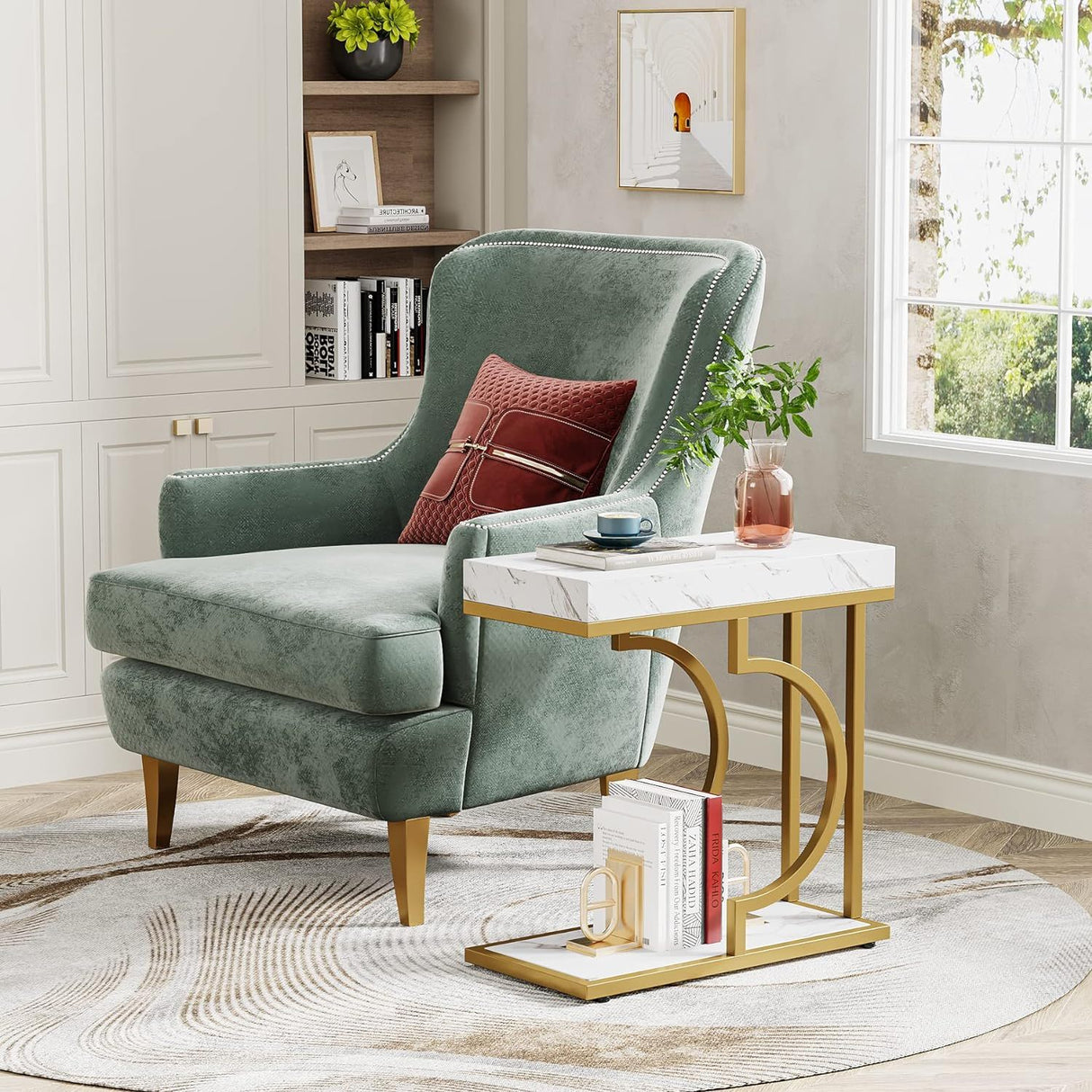 C-Shaped Sofa Side Table For Living Room - White / Gold