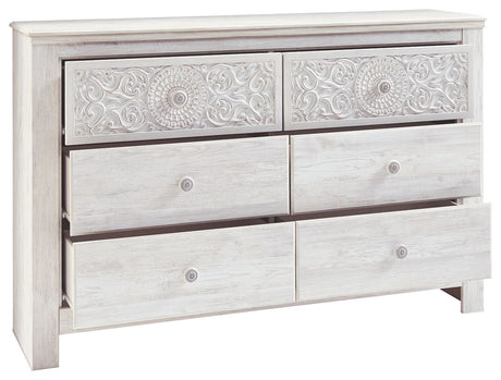 Paxberry - Six Drawer Dresser - Medallion Drawer Pulls - Whitewash