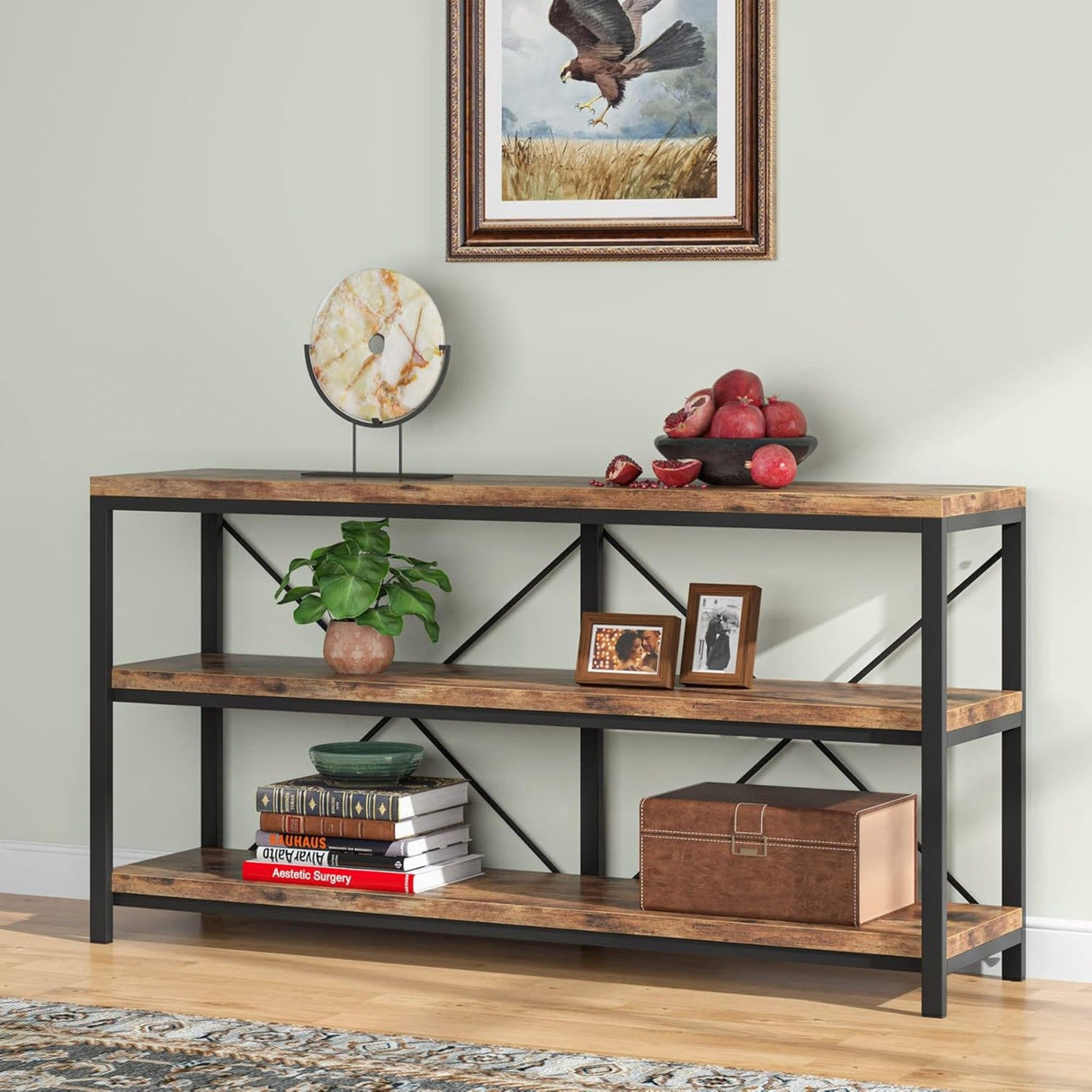 Console Table With 3 Tier Storage Shelves Finish, Slim Narrow Design For Living Entryway - Brown / Black