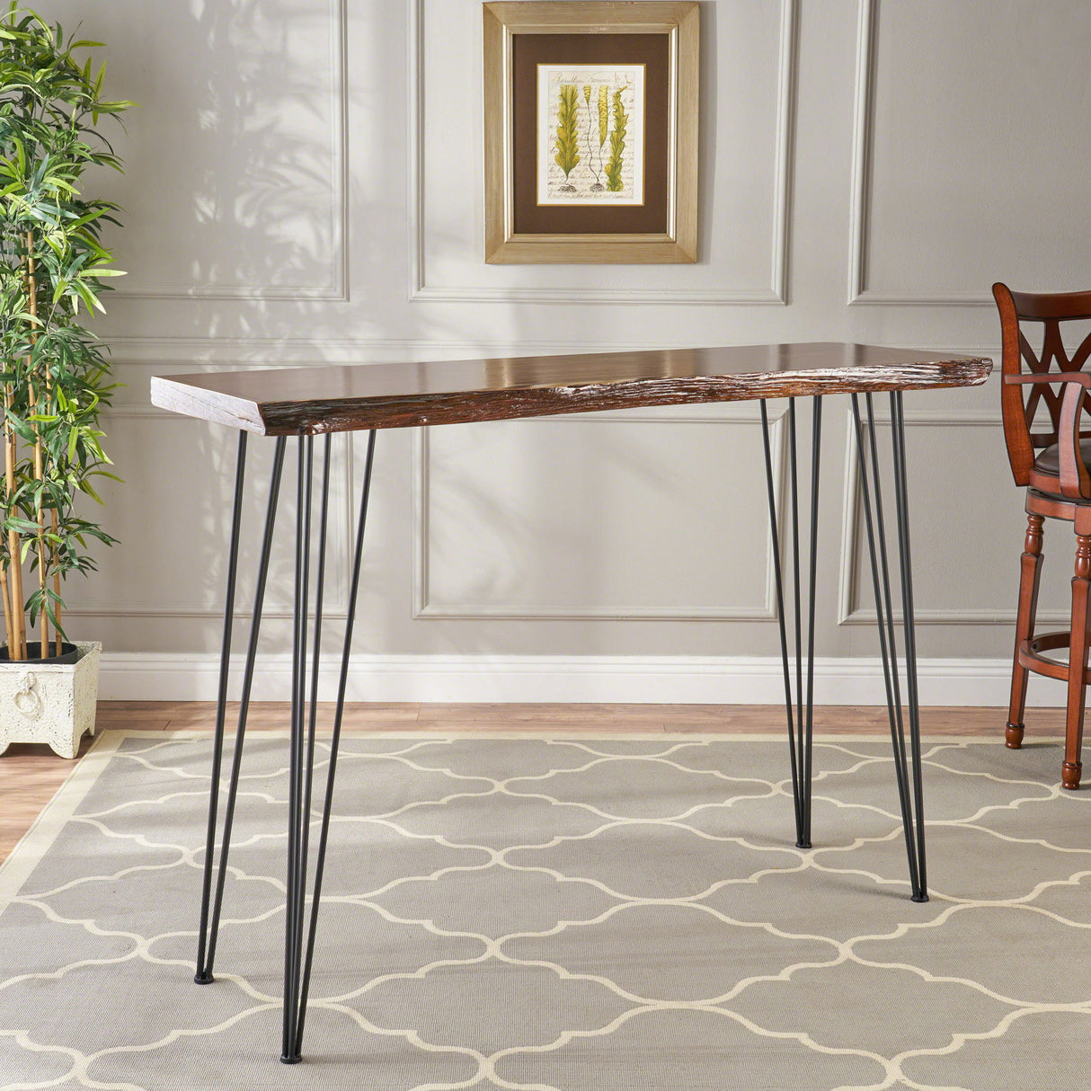 Modern Industrial Breakfast Bar Table, Metal Hairpin Legs & Wood Veneer Top - Natural