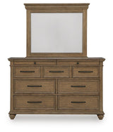 Karallin - 3 Pc. - Queen Panel Storage Bed, Dresser And Mirror - Medium Brown