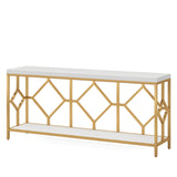 Extra Long Sofa Table With Diamond Pattern Frame, 2 Tier Open Storage For Living Room - White / Gold