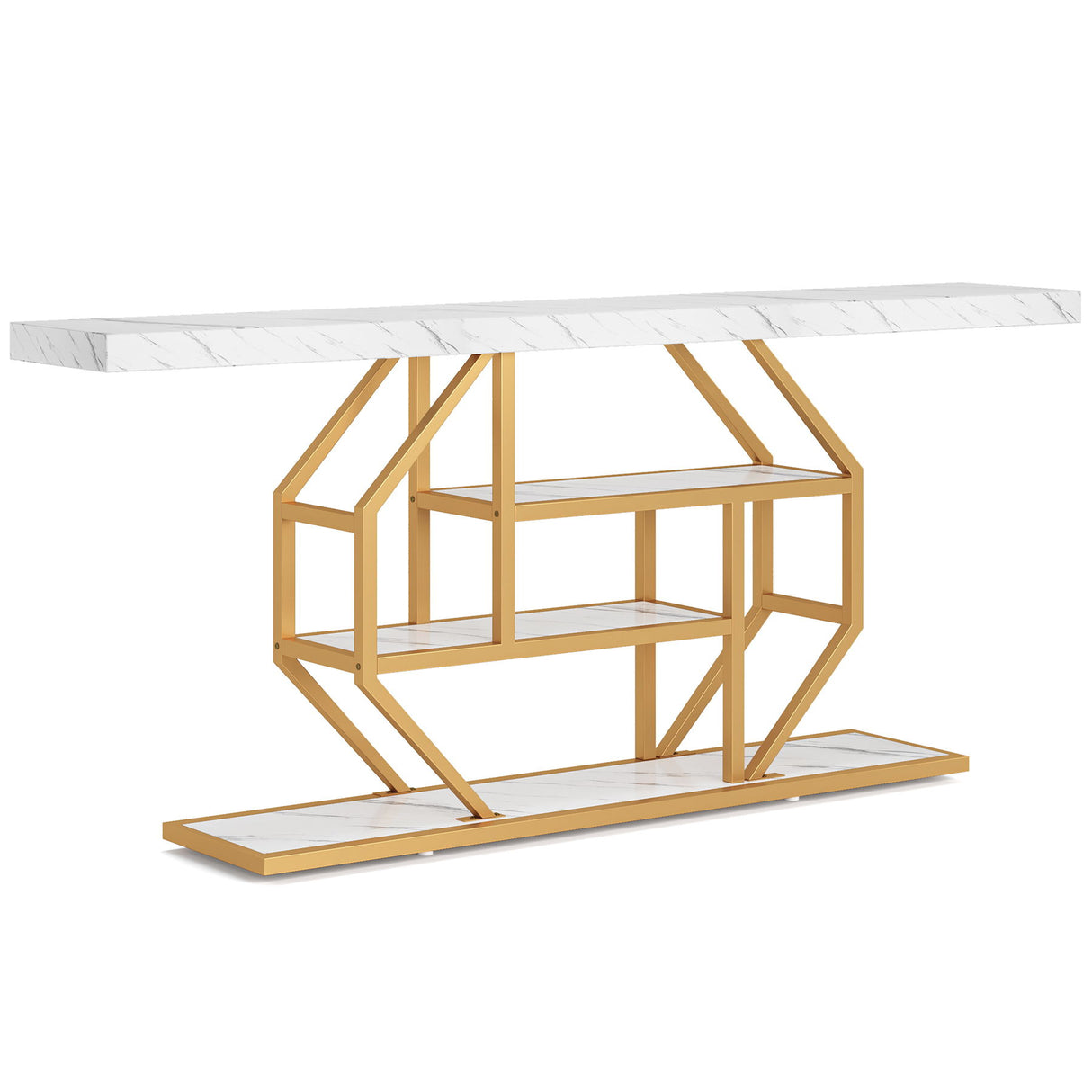 Extra Long Console Table With 4 Tier Storage For Living Hallway - White / Gold