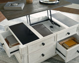 Havalance - Lift Top Cocktail Table with Storage Drawers - White / Gray