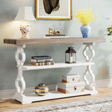 Console Sofa Table With 3 Shelves, Floral Carved Accent - Gray / White
