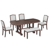 6 Piece Extendable Dining Table Set, Wood Table With Removable Leaf, 4 Upholstered Chairs And Bench - Cherry