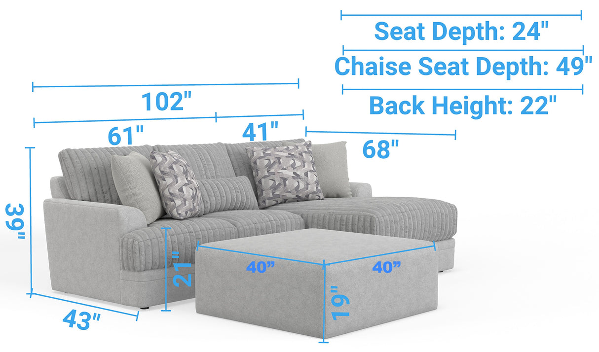 Titan - 2 Piece Sofa Chaise With Comfort Coil Seating, 45" Cocktail Ottoman And 5 Accent Pillows Included (Right Side Facing Chaise) - Moonstruck