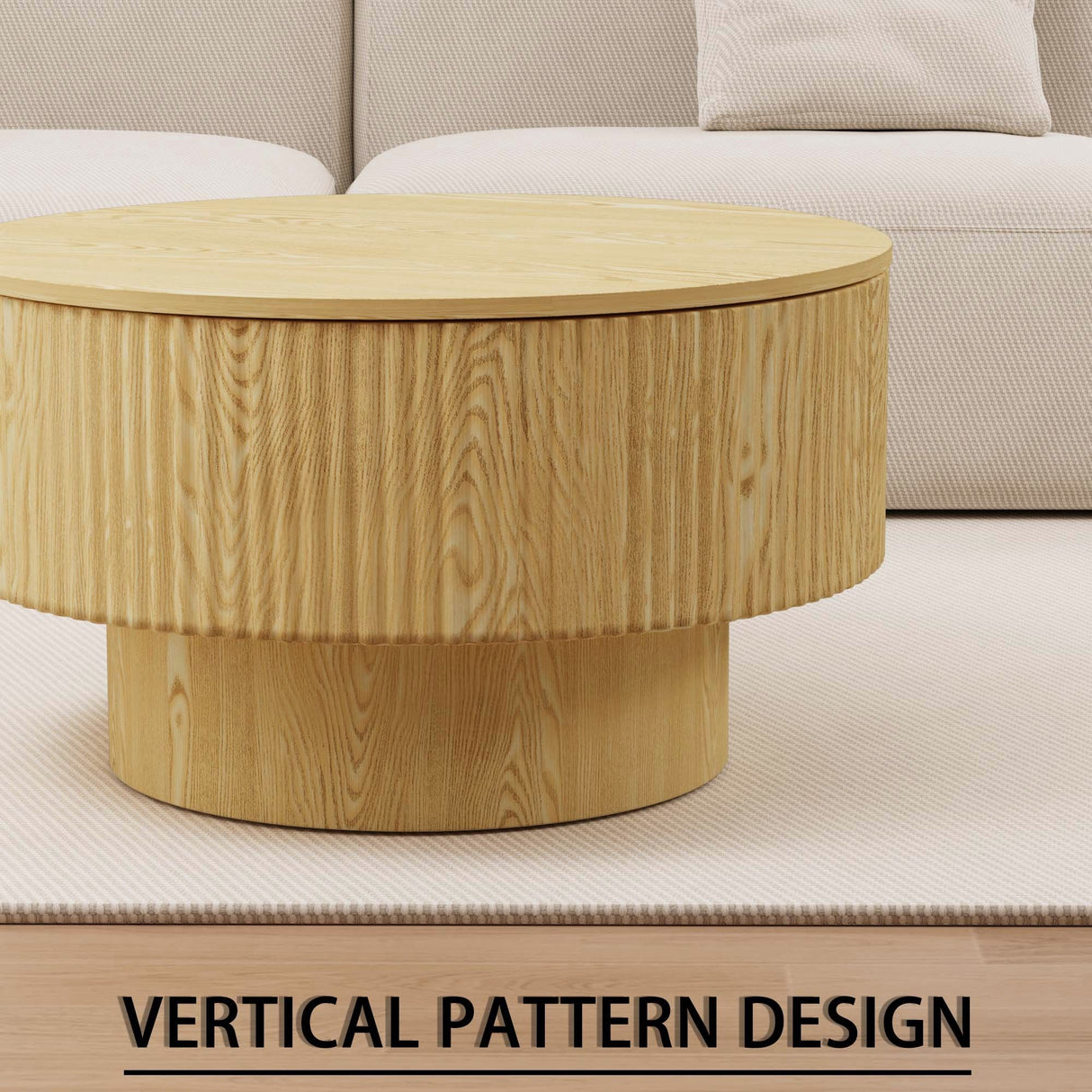 Modern Circular Coffee Table With Stripe Design And Storage Space