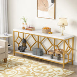 Extra Long Sofa Table With Diamond Pattern Frame, 2 Tier Open Storage For Living Room - White / Gold