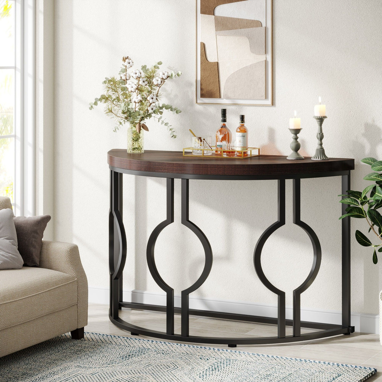 Semi Circle, Half Moon Console Table For Entryway With Geometric Base For Living Hallway - Rustic Brown