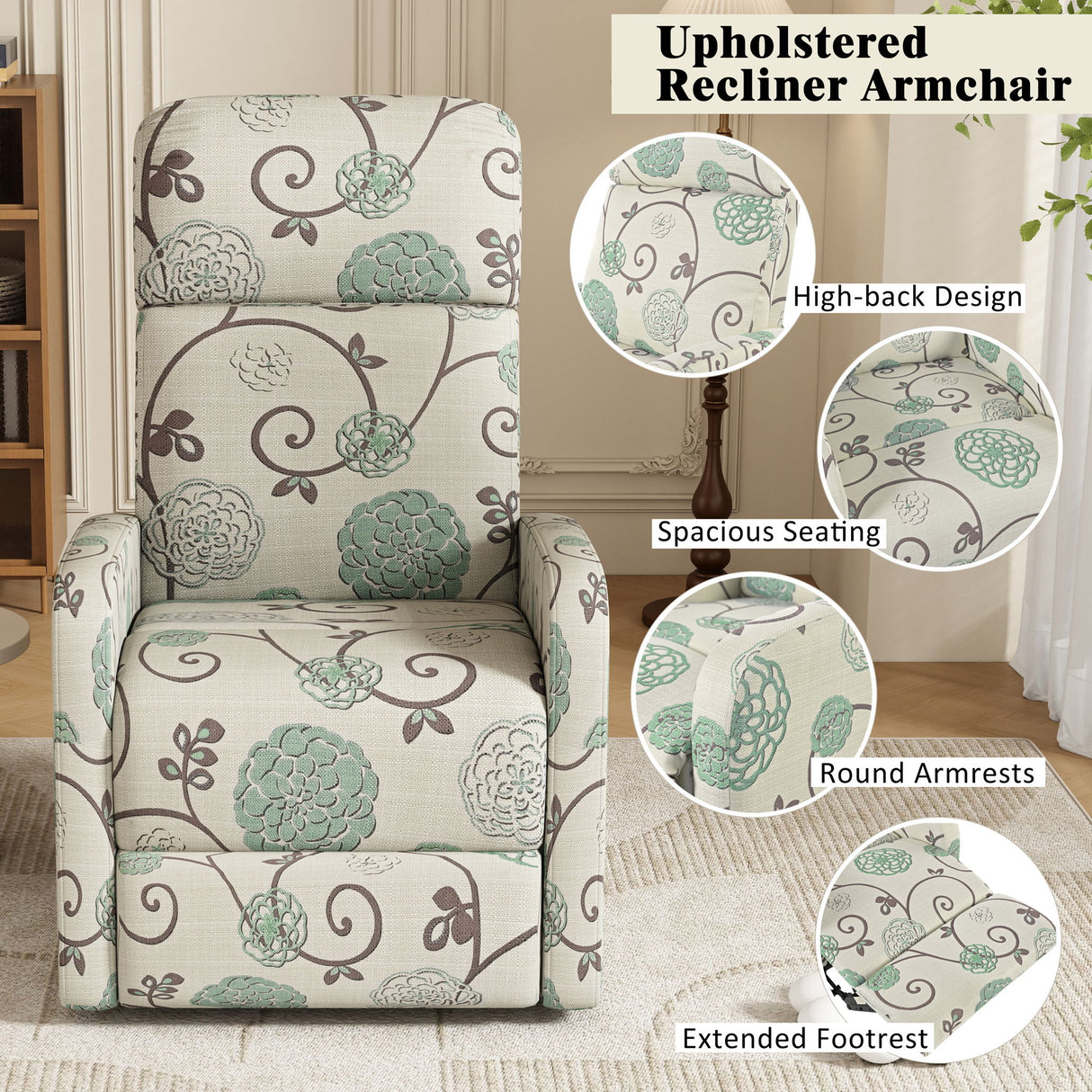 Modern Manual Recliner, Home Theater Chair With Adjustable Backrest For Living Room - Beige / Blue