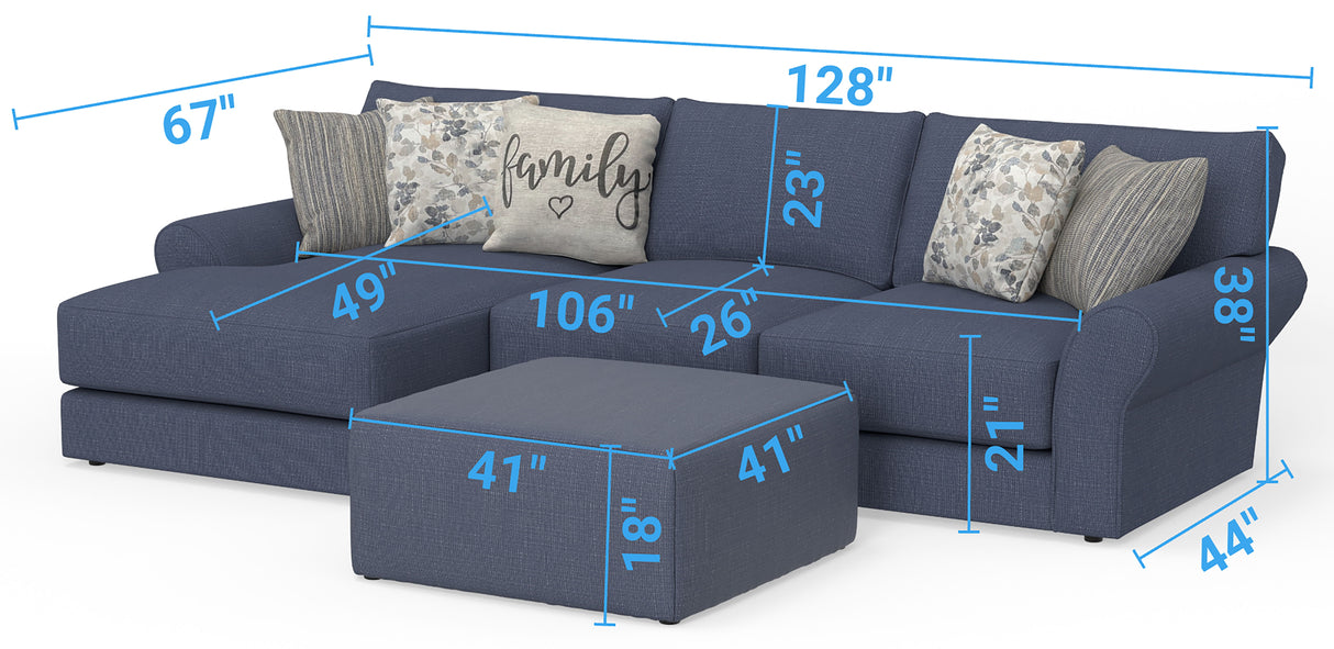 Cape May - Sofa Chaise With Comfort Coil Seating, 41" Cocktail Ottoman And 5 Accent Pillows