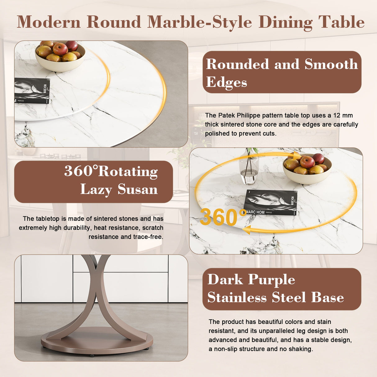 Round Dining Table With 360° Rotating Lazy Susan For Dining Room & Kitchen, 6 Chairs - White