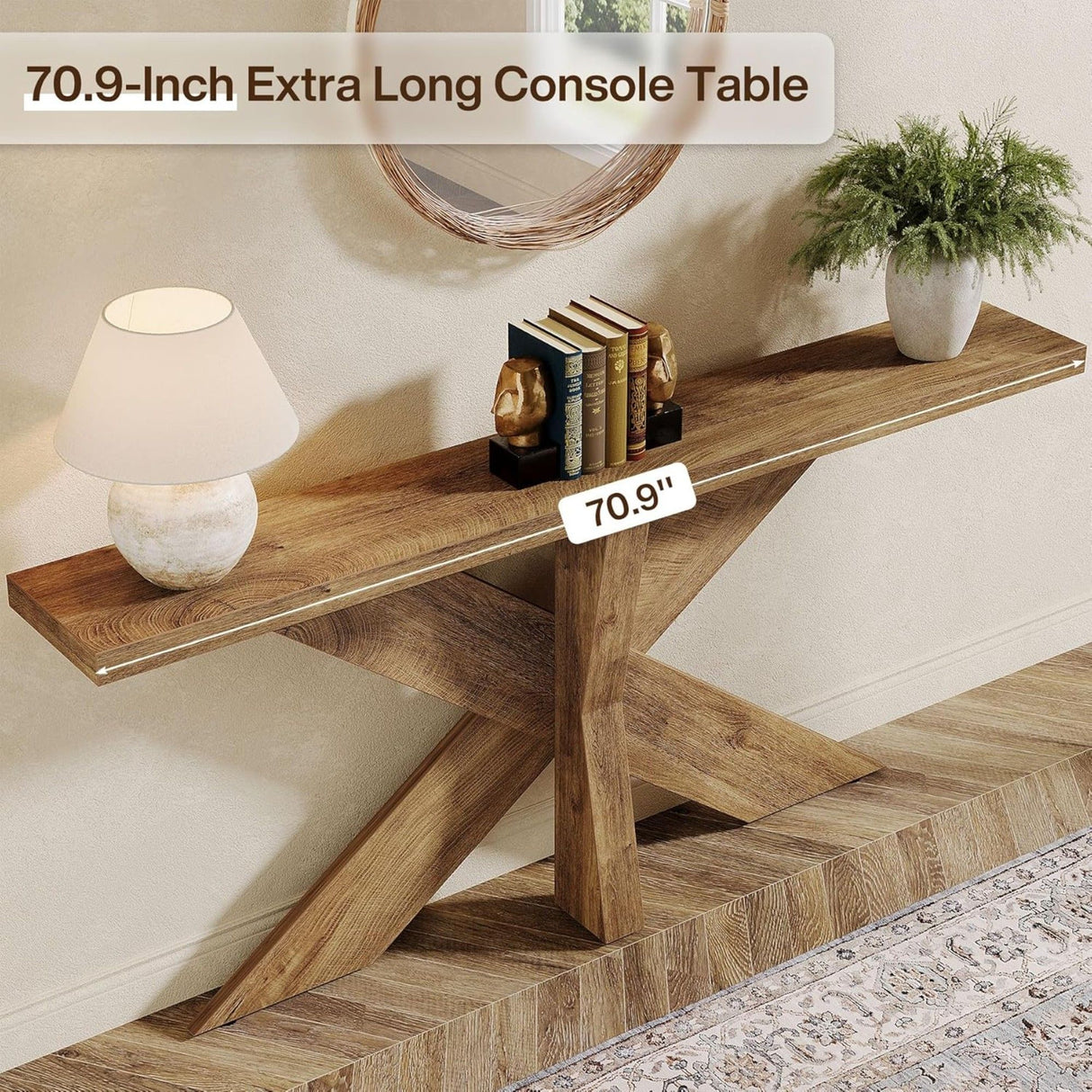 Long Console Table With Geometric Base - Oak