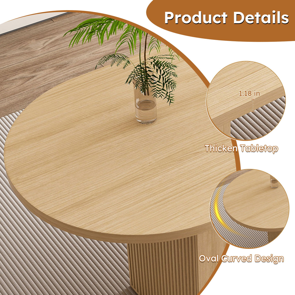 Oval Dining Table For 6 People With Wood Strip Base - Burly Wood