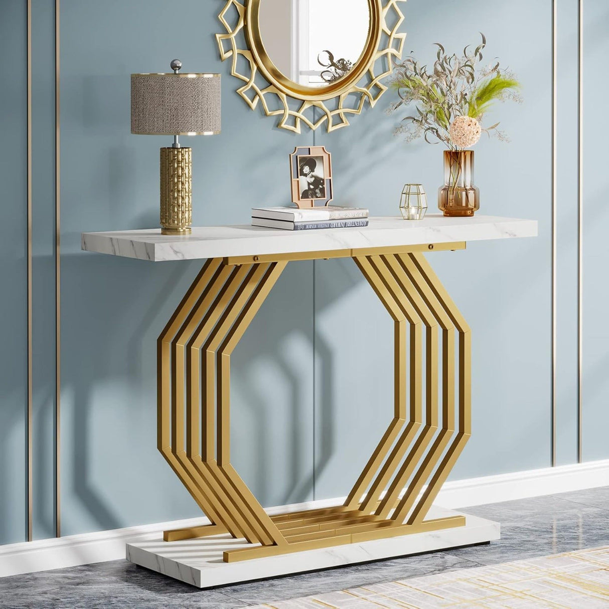 Accent Entryway Console Table With Geometric Bas For Living Hallway - White / Gold