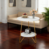 Round End Table With Hairpin Legs, 2 Tier For Living Room - White / Gold