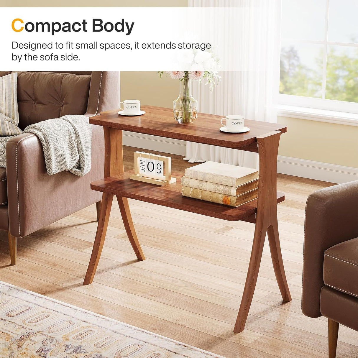 Narrow 2 Tier Side Slim Accent Table For Living Bedroom Or Entryway, Space Saving Furniture With Storage Shelf - Walnut