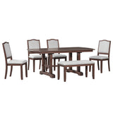6 Piece Extendable Dining Table Set, Wood Table With Removable Leaf, 4 Upholstered Chairs And Bench - Cherry