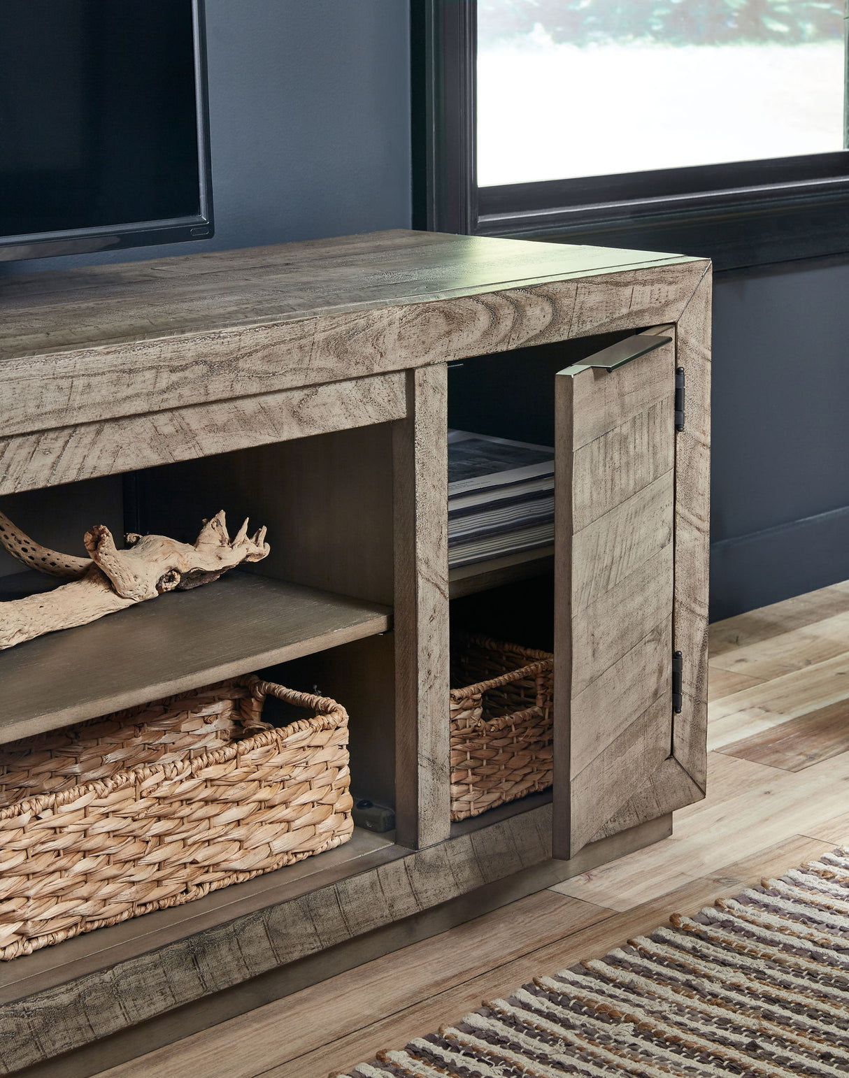 Krystanza - TV Stand with Wide Fireplace Insert - Weathered Gray