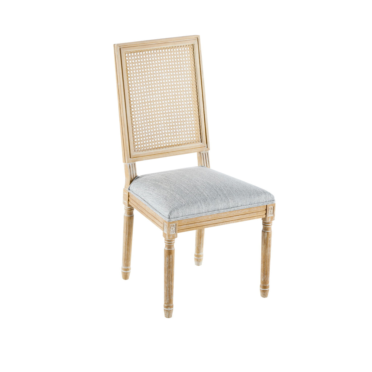 French Country Dining Chair With Rectangular Cane Backrest And Smooth Upholstered Seating