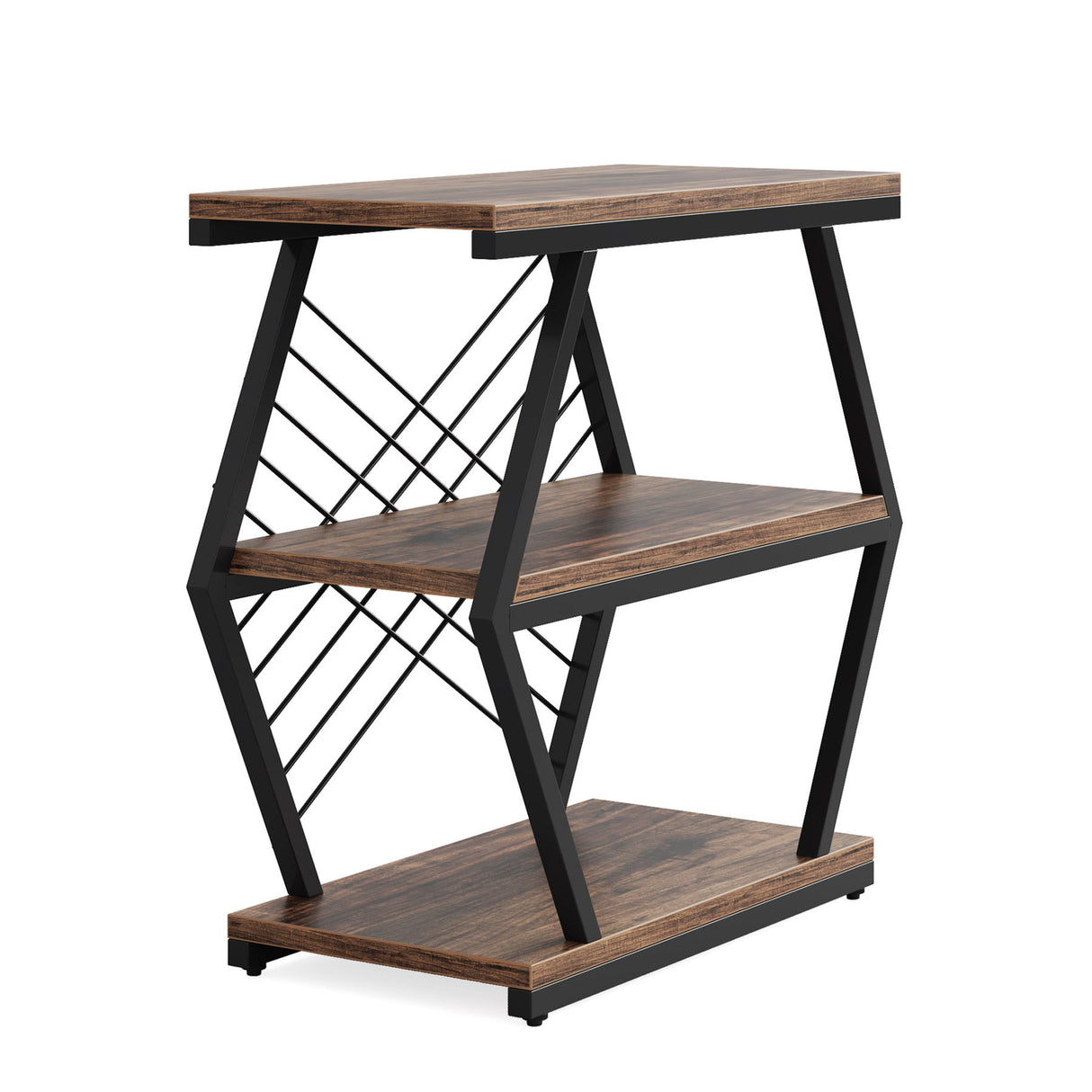 3 Tier End Table Frame With Geometric Design For Living Bedroom - Rustic Brown