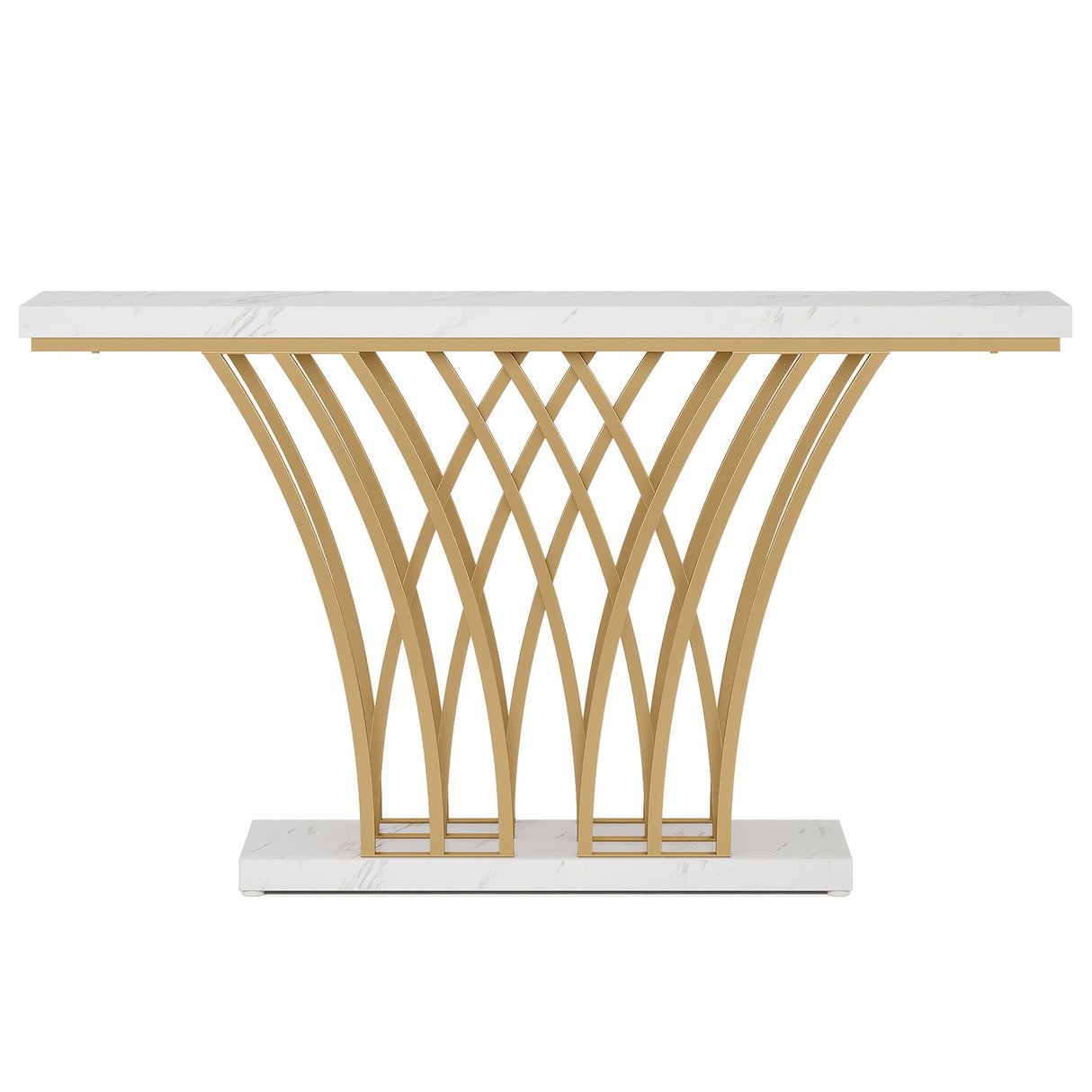 Console Table With Grid Base For Living Hallway - White / Gold