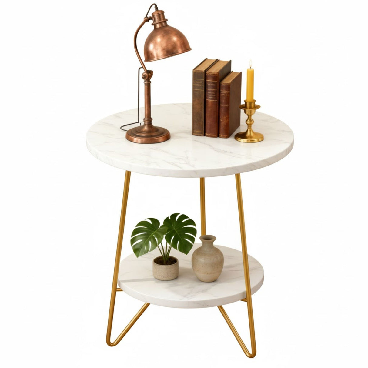 Round End Table With Hairpin Legs, 2 Tier For Living Room - White / Gold