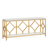 Extra Long Sofa Table With Diamond Pattern Frame, 2 Tier Open Storage For Living Room - White / Gold