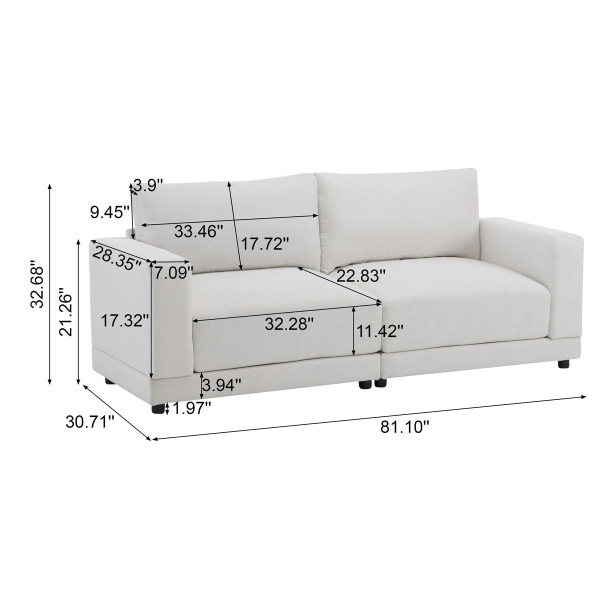 Modern Square Arm Sofa With Soft Fabric Upholstery, Deep Cushions
