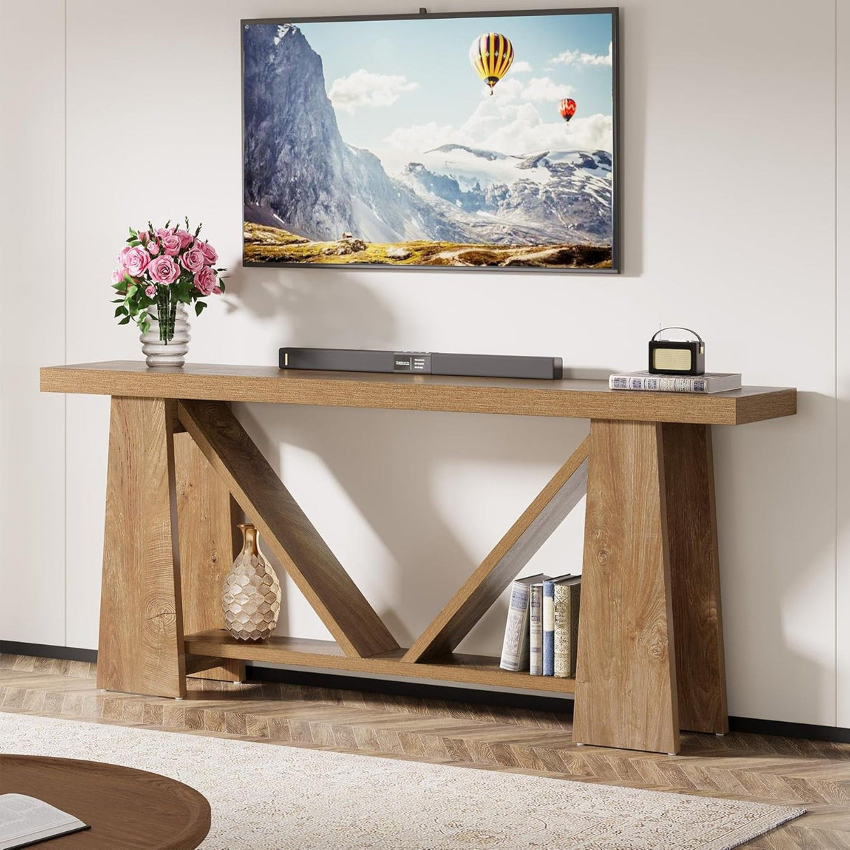 Slim 2 Tier Entryway Accent Extra Long Console Table For Living Room - Natural / Light Brown