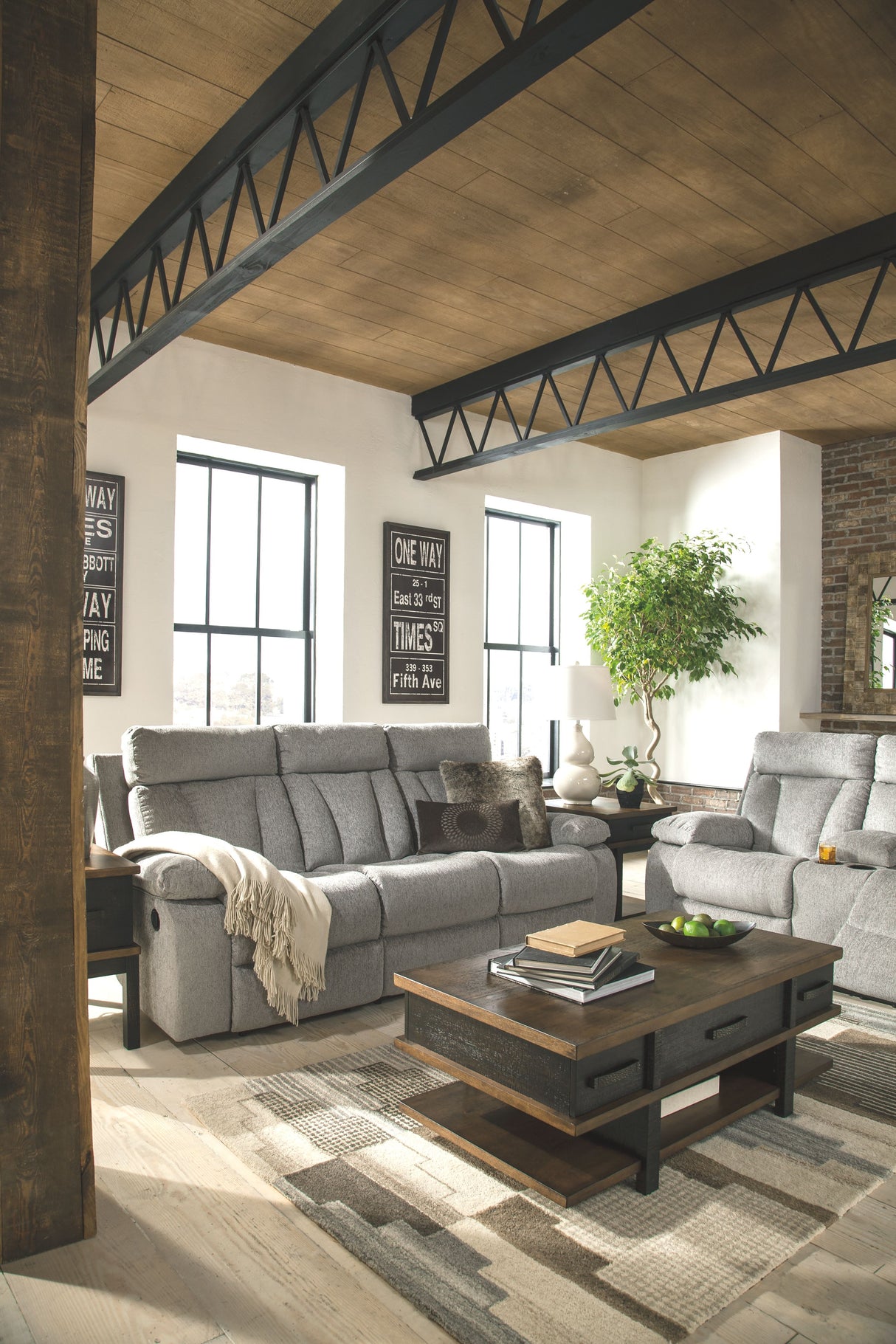 Mitchiner - Fog - REC Sofa w/Drop Down Table