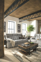 Mitchiner - Fog - REC Sofa w/Drop Down Table