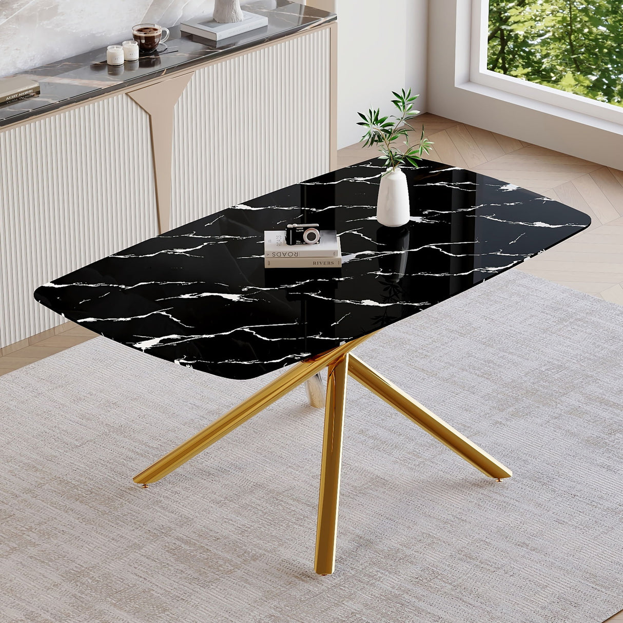 Luxurious Marble Patterned Dining Table With Metal Fork Legs
