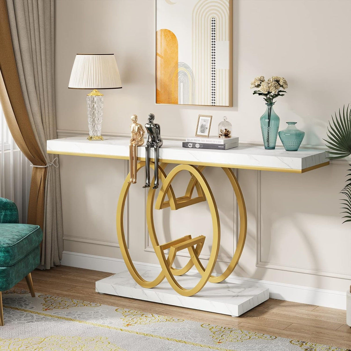 Console Table, Geometric Entryway Table For Living Hallway - White / Gold
