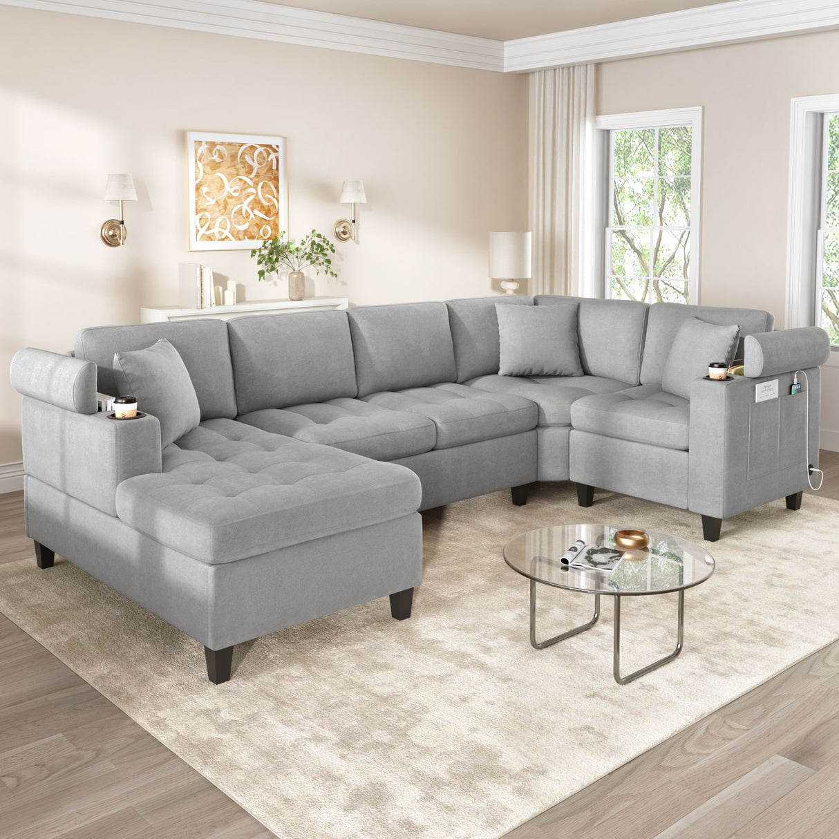 U Shaped Sectional Sofa, Corner Living Room Couch With Built In Cup Holders, Storage, USB Ports