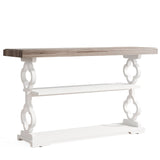 Console Sofa Table With 3 Shelves, Floral Carved Accent - Gray / White
