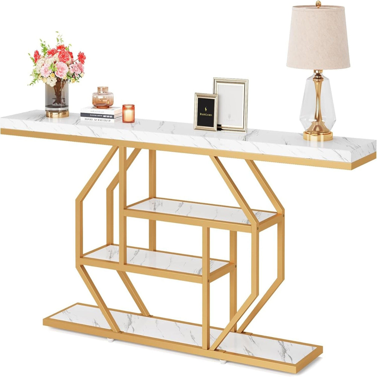 Extra Long Console Table With 4 Tier Storage For Living Hallway - White / Gold