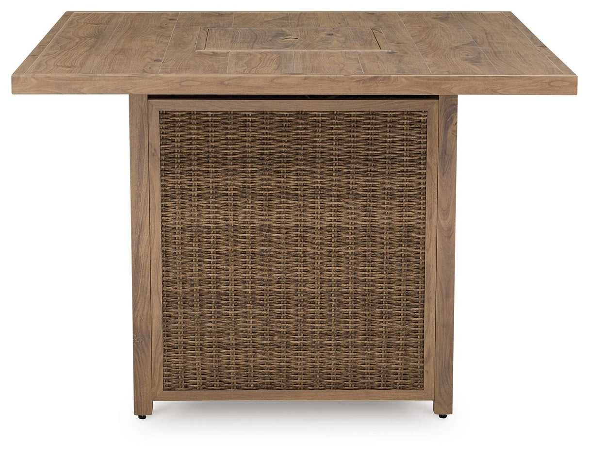 Walton Bridge - 5 Pc. - Square Bar Table W/Fire Pit, 4 Barstools - Driftwood