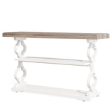 Console Sofa Table With 3 Shelves, Floral Carved Accent - Gray / White