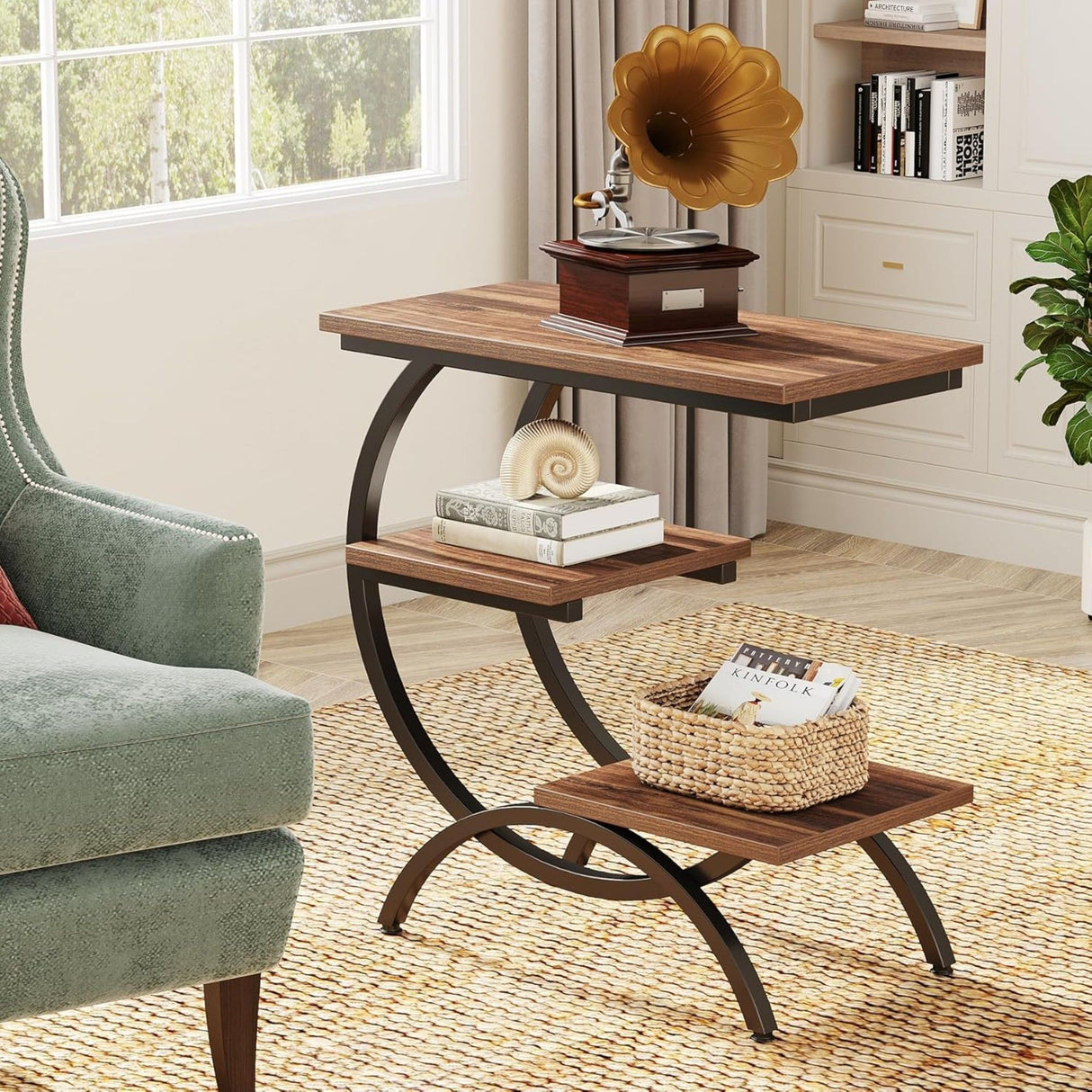C-Shaped 3 Tier Side Table - Rustic Brown