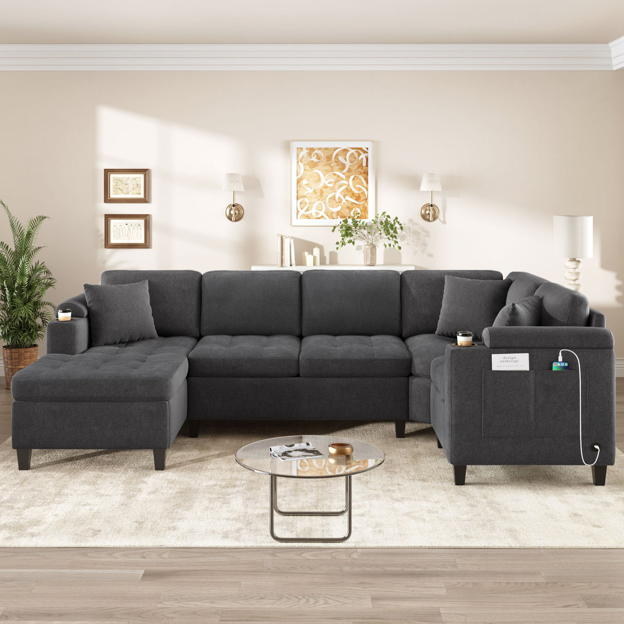 U Shaped Sectional Sofa, Corner Living Room Couch With Built In Cup Holders, Storage, USB Ports