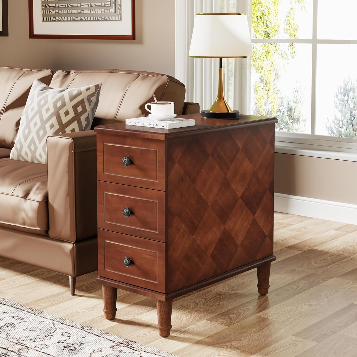 Narrow End Table With 3 Drawers, Compact Design For Small Spaces - Brown