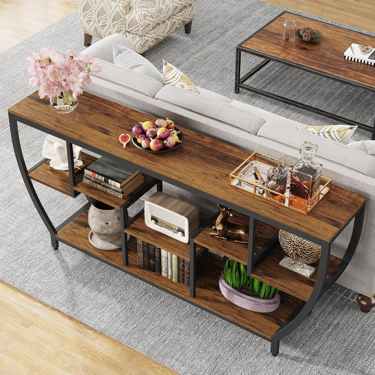 Extra Long Entryway Console Sofa Table With 7 Tier Shelves - Brown / Black