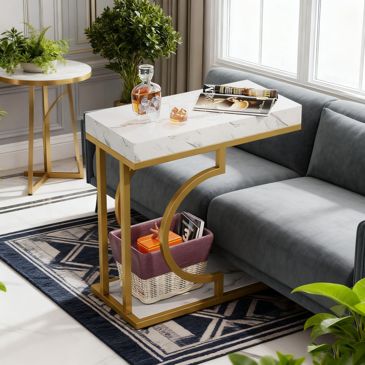 C-Shaped Sofa Side Table For Living Room - White / Gold