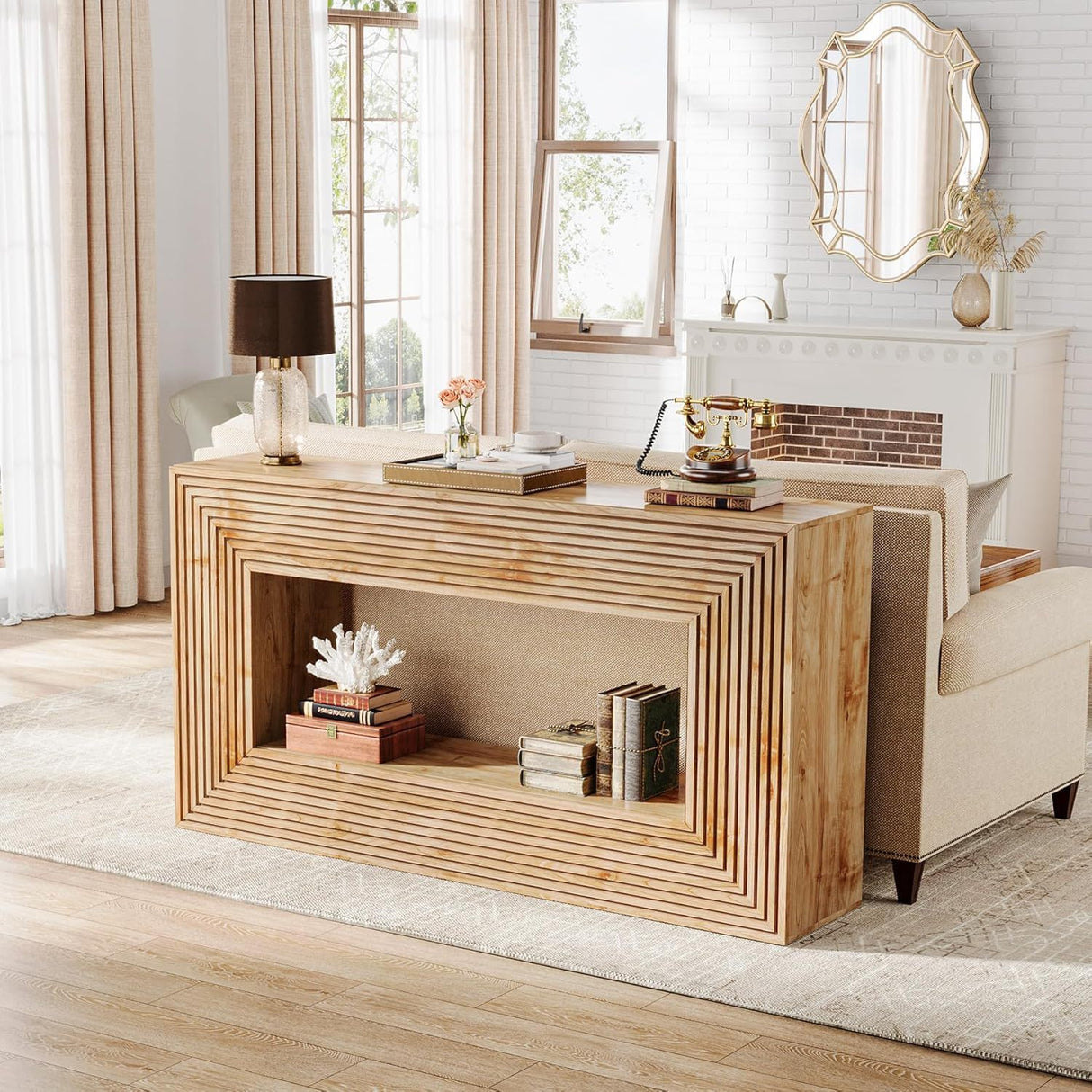 Fluted Console Table, Rectangular Entryway Table With Storage For Living Foyer - Natural Wood