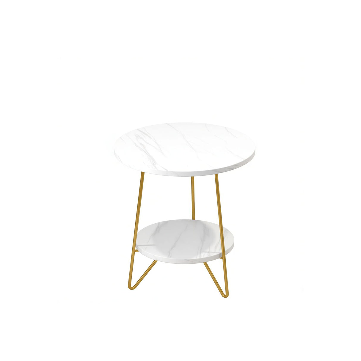 Round End Table With Hairpin Legs, 2 Tier For Living Room - White / Gold